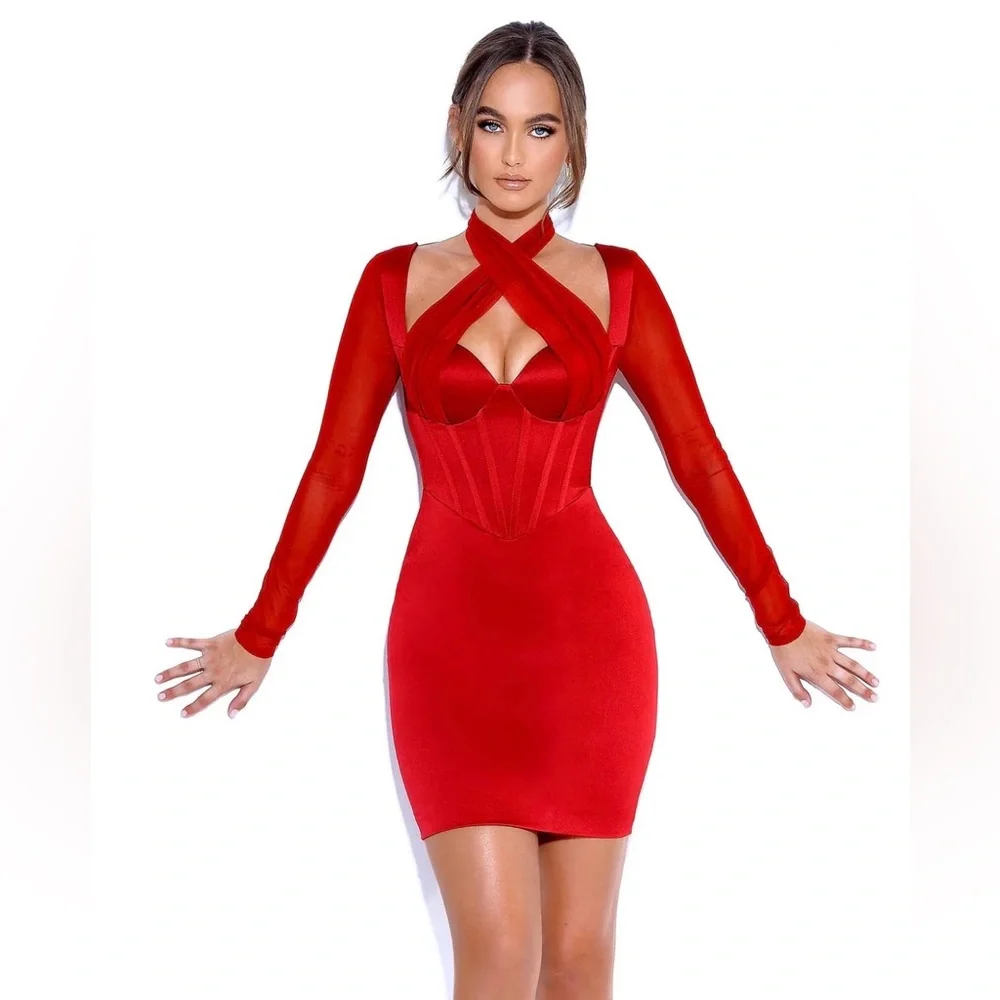 Miss Circle Red Satin Mesh Long Sleeve Corset Mini Dress Size M NWOT - Picture 1 of 7